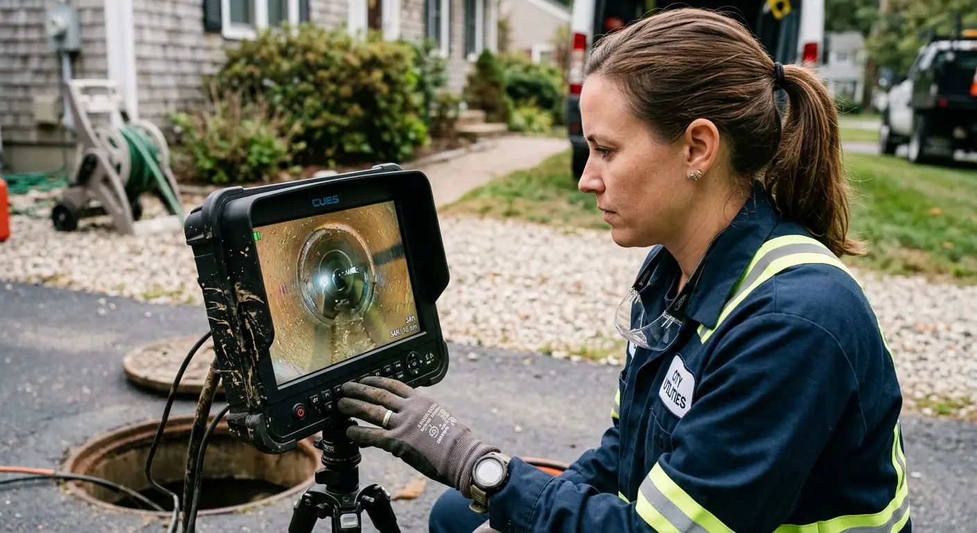 Technician reviewing sewer camera inspection footage in Duarte