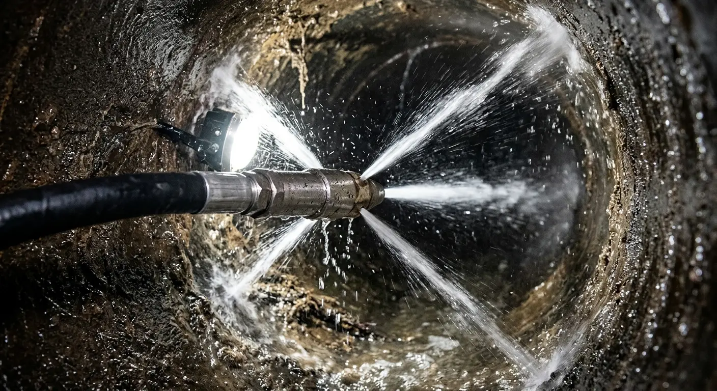 High-pressure hydro jetting nozzle cleaning sewer pipe for Storm Drain Cleaning in Duarte