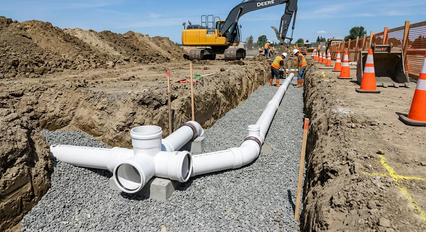 New PVC sewer pipe installation in open trench for Grease Trap Cleaning in Duarte