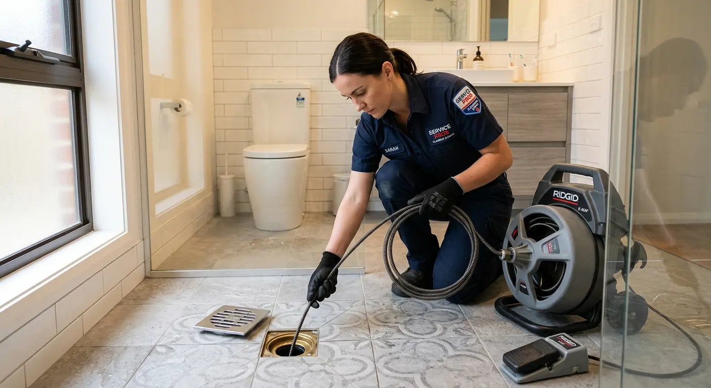 Technician clearing a bathroom floor drain for Sewer Line Installation in Duarte